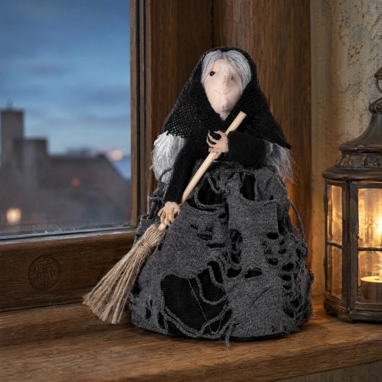 Halloween Kitchen Witch Doll Small Witch Statue with Broom Tabletop for Table