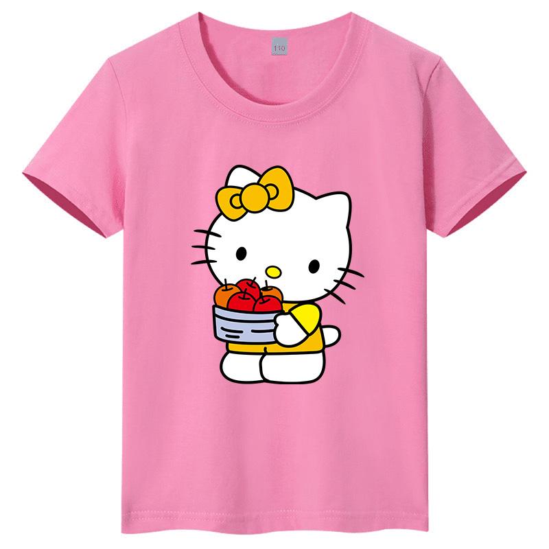 Новая детская футболка Sanrio Hello Kitty с мультяшным принтом, круглый вырез, милая и повседневная, универсальная, с короткими рукавами
