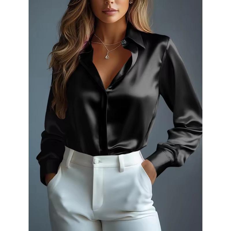 Women's Satin Shirts Elegant Plain Long Sleeve Blouse Office Lady Button-Up Shirt Top Autumn Female Crew Neck Shirts Blouse
