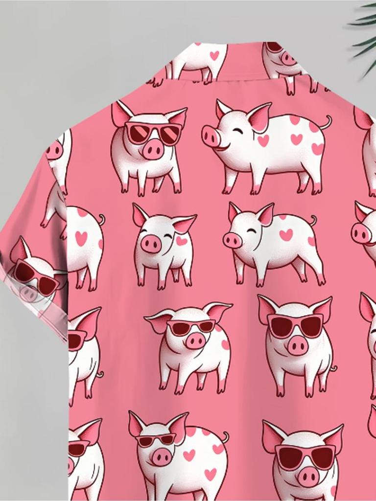 Men'S Casual Short-Sleeve Shirt with Pig Pattern Print, Made of Polyester, Multiple Specifications Available