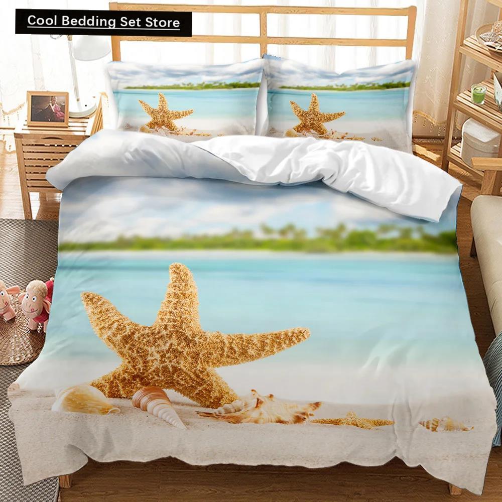 Комплект постельного белья Beach Summer Ocean Комплект постельного белья Hawaiian Marine Sea Waves 3D Print Starfish Полиэстеровый пододеяльник Queen King