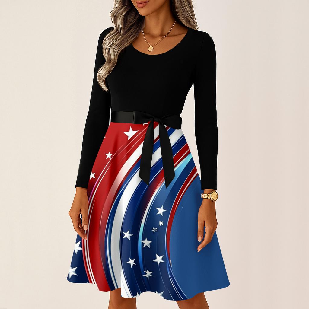 Женское повседневное платье с длинным рукавом и круглым вырезом с принтом в винтажном стиле ко Дню Независимости и декоративным поясом на талии для повседневной носки