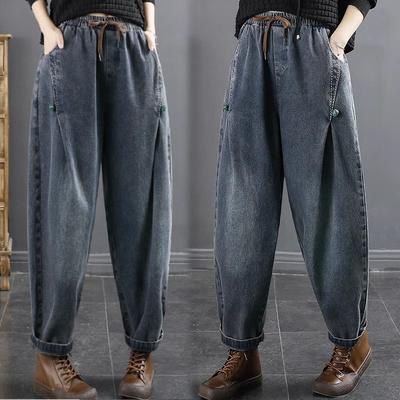 Винтажный стиль вышивка женские джинсовые брюки свободные с высокой талией шаровары женские осенние повседневные джинсы женские