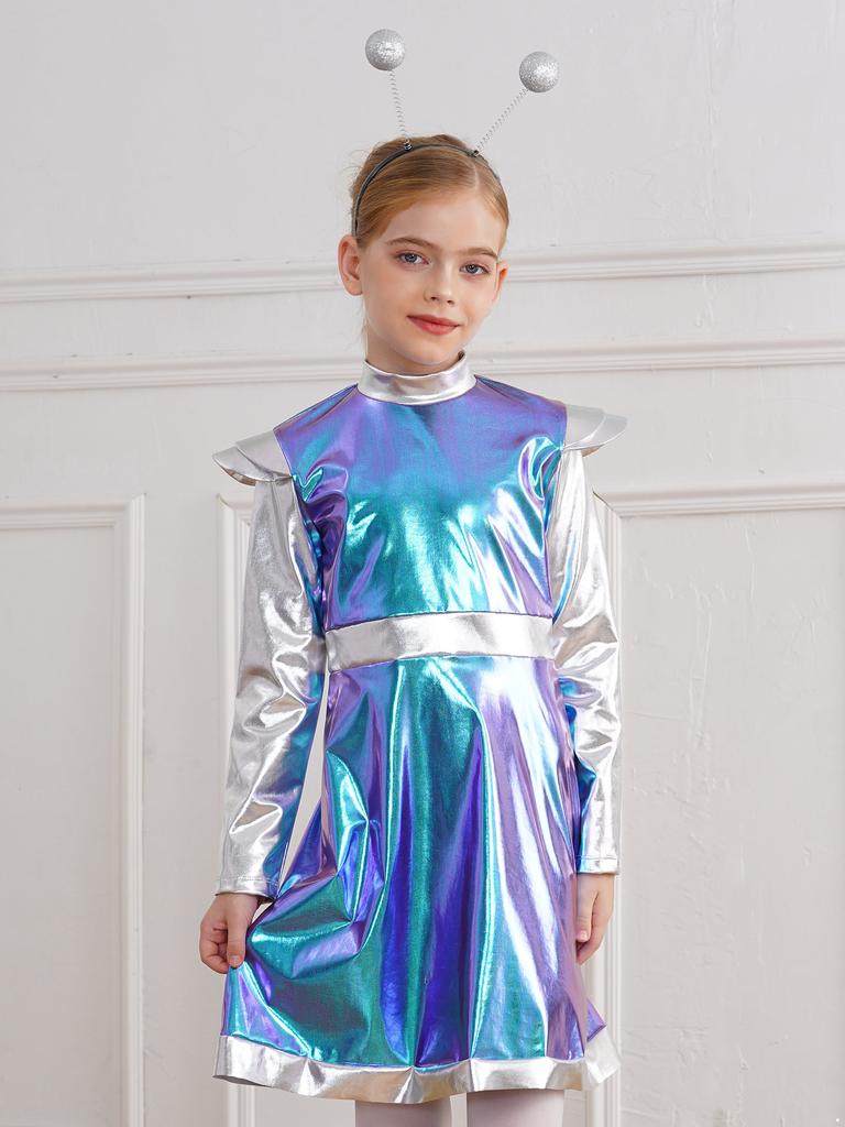 Костюм для косплея пришельцев для маленьких девочек, костюм милашки из космоса, металлическое платье с обручем для волос, наряд астронавта на Хэллоуин