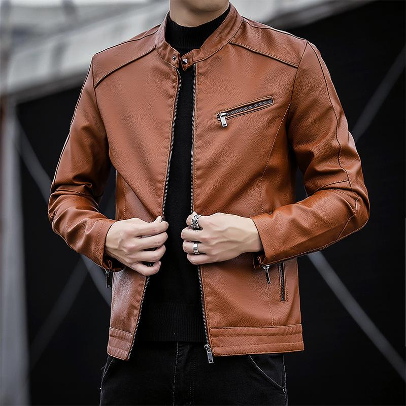 Осенне-зимняя мужская повседневная кожаная куртка, мужская куртка-локомотив, корейская версия, облегающая куртка из искусственной кожи для молодежи, тонкий бархат