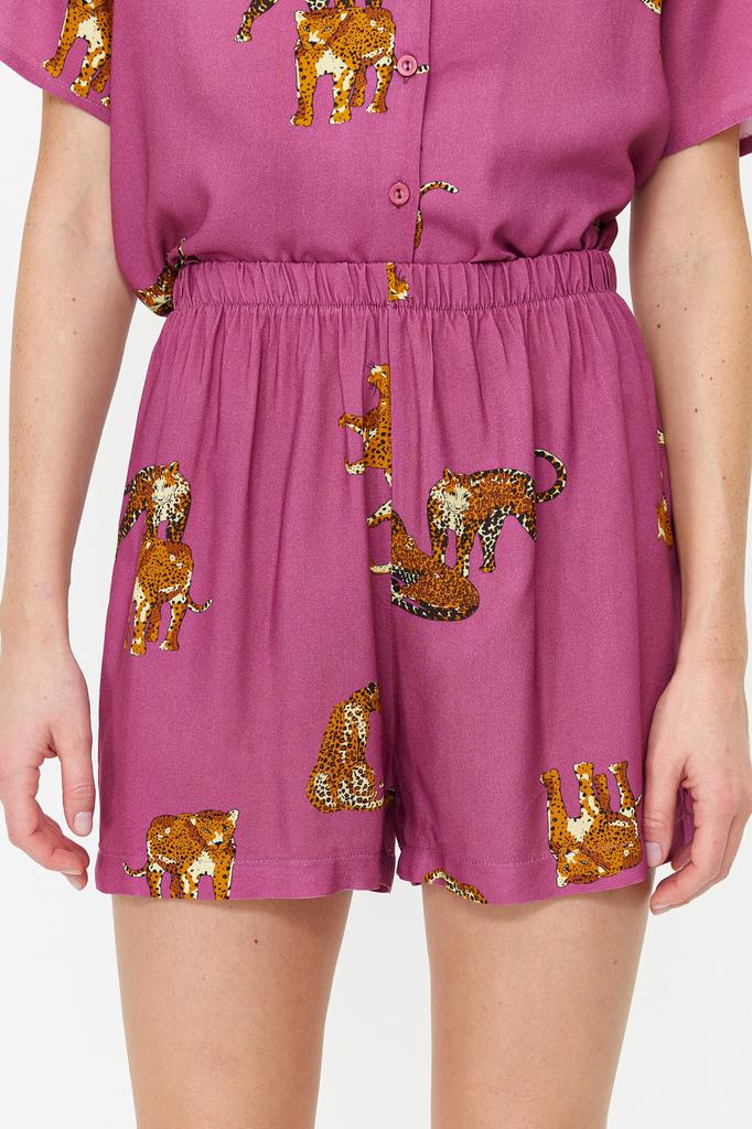 Women's Fashion New Pajama Set Dark Rose Animal Patterned Viscose Shirt-Shorts Woven Pajama Set