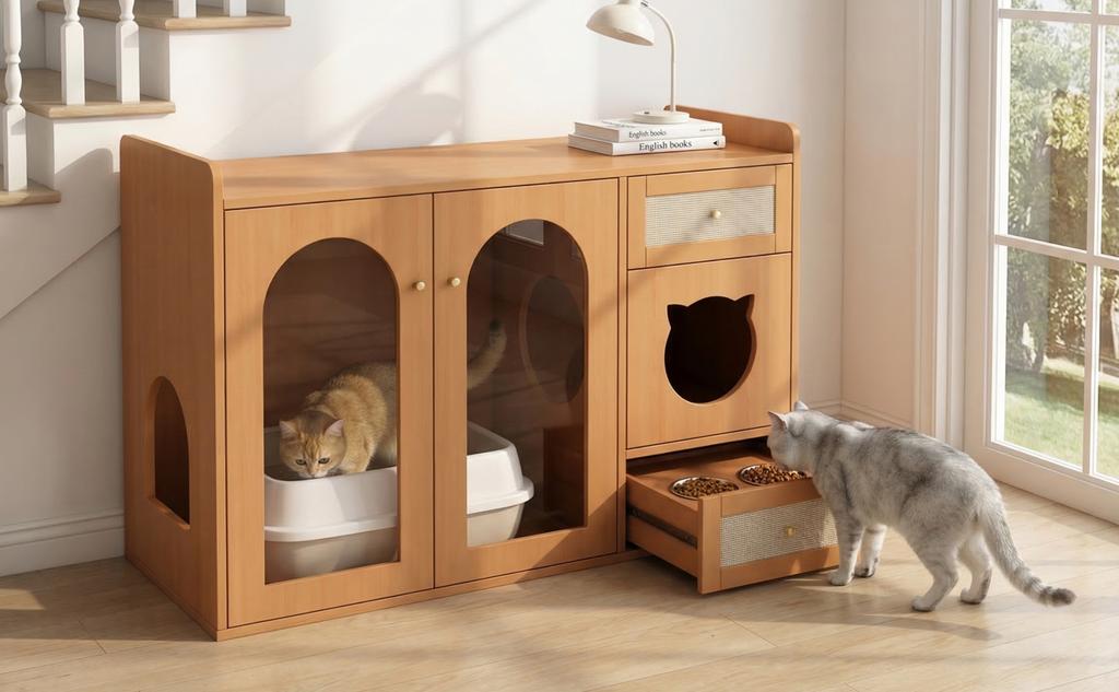 Cat House and Litter Box Cabinet with Feeding Bowls, Cat Rest Area, Storage Area (Litter Box and Cat Cushion not included), Walnut Color, 120x45x83 cm