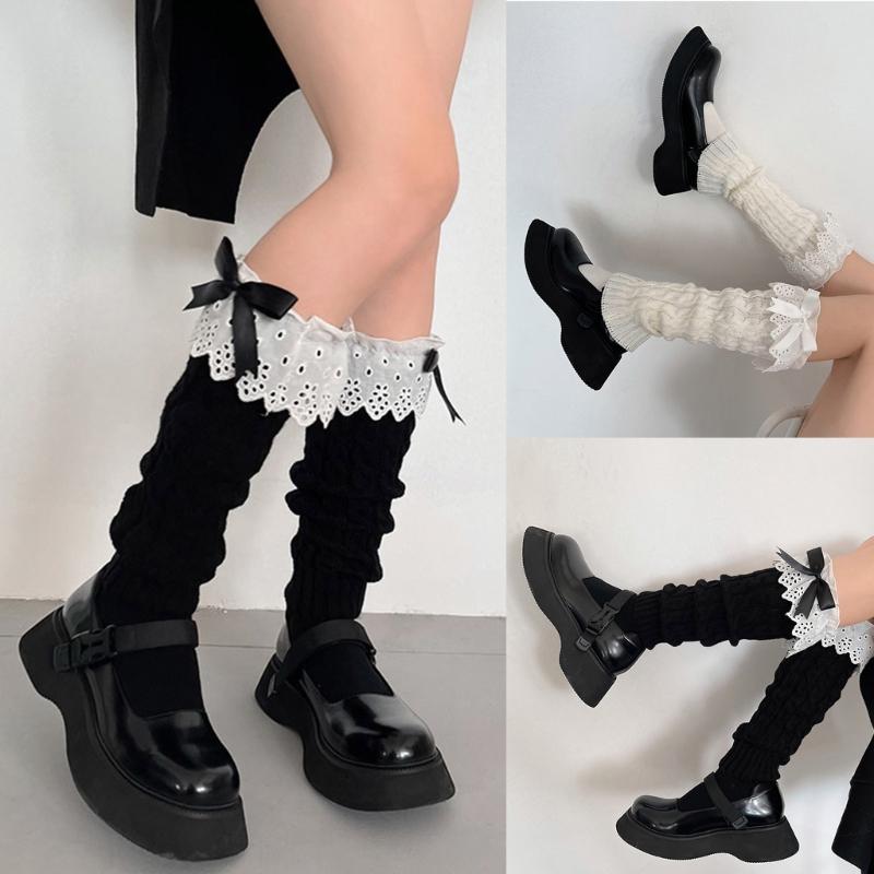 Women Autumn Ruffled Lace Bowknot Leg Warmers Japanese Lolita Twist Cable Knitted Foot Covers Student Stretch Calf Socks