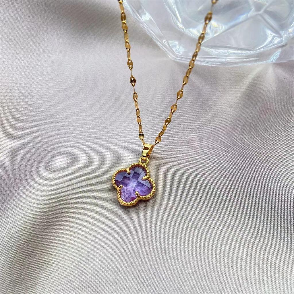Purple Four-leaf Clover Shiny Titanium Steel Necklace Women, Fashion Temperament Collarbone Chain, Simple and Versatile 18k Gold Jewelry