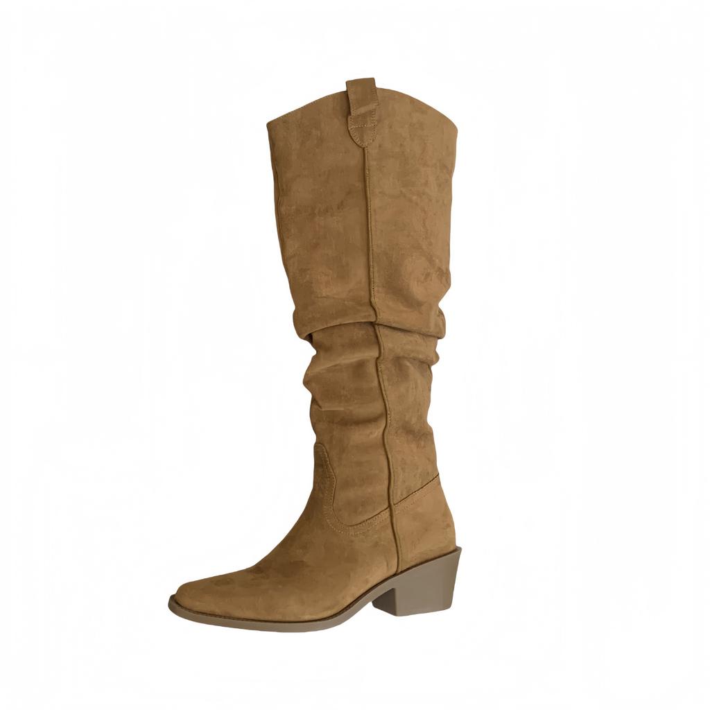 2025 New Retro Wind Pleated Pointed Pile Boots Thick Heel High Boots Personalized Knight Western Cowboy Boots Women