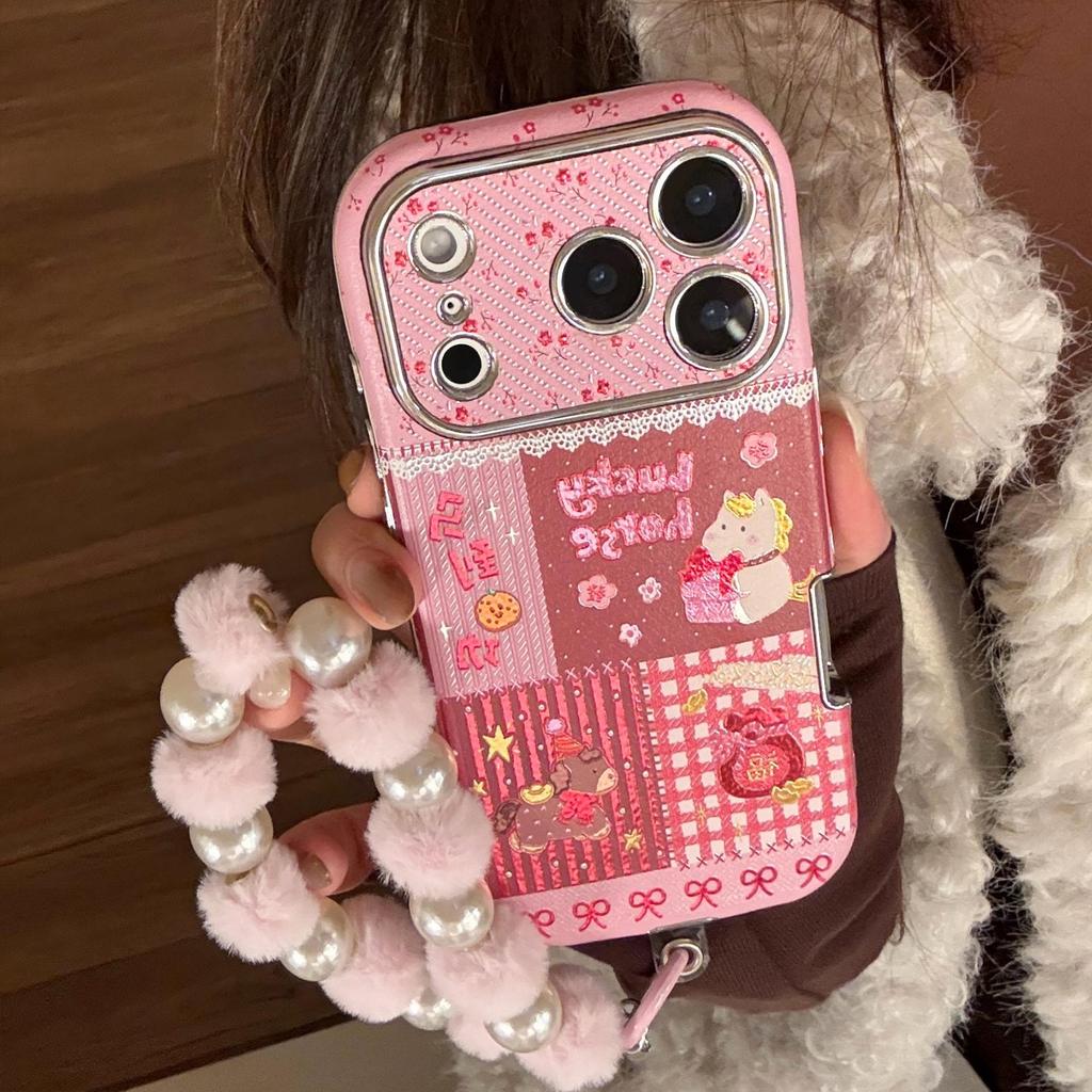 Позолоченный чехол-шнурок из розовой кожи для iPhone 13/14/15/16 Pro Max/17 с дизайном маленькой лошадки