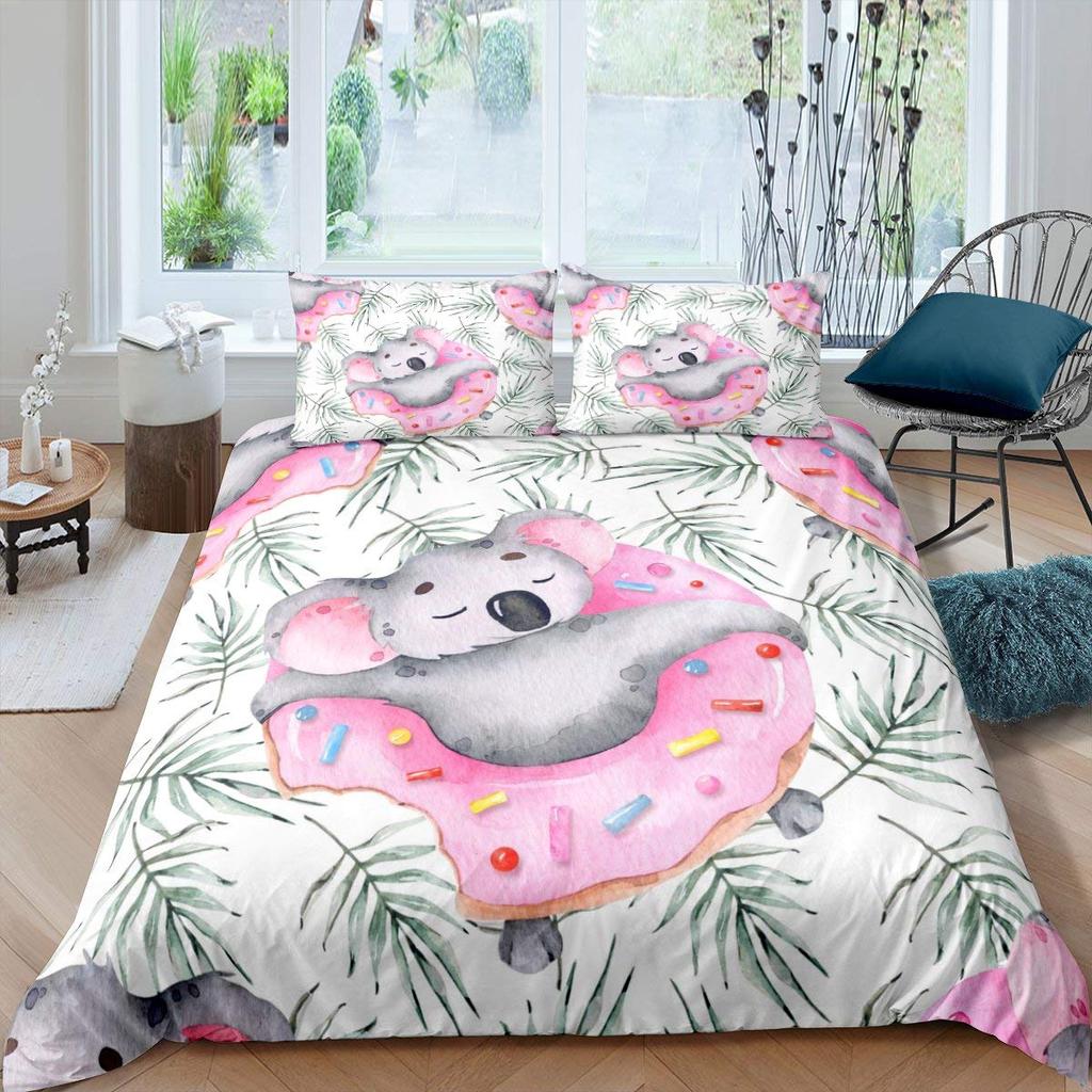 Koala Duvet Cover Set Blooming Floral Branch Bear Comforter Palm Tree Leaf Wildlife Cartoon Polyester Quilt
