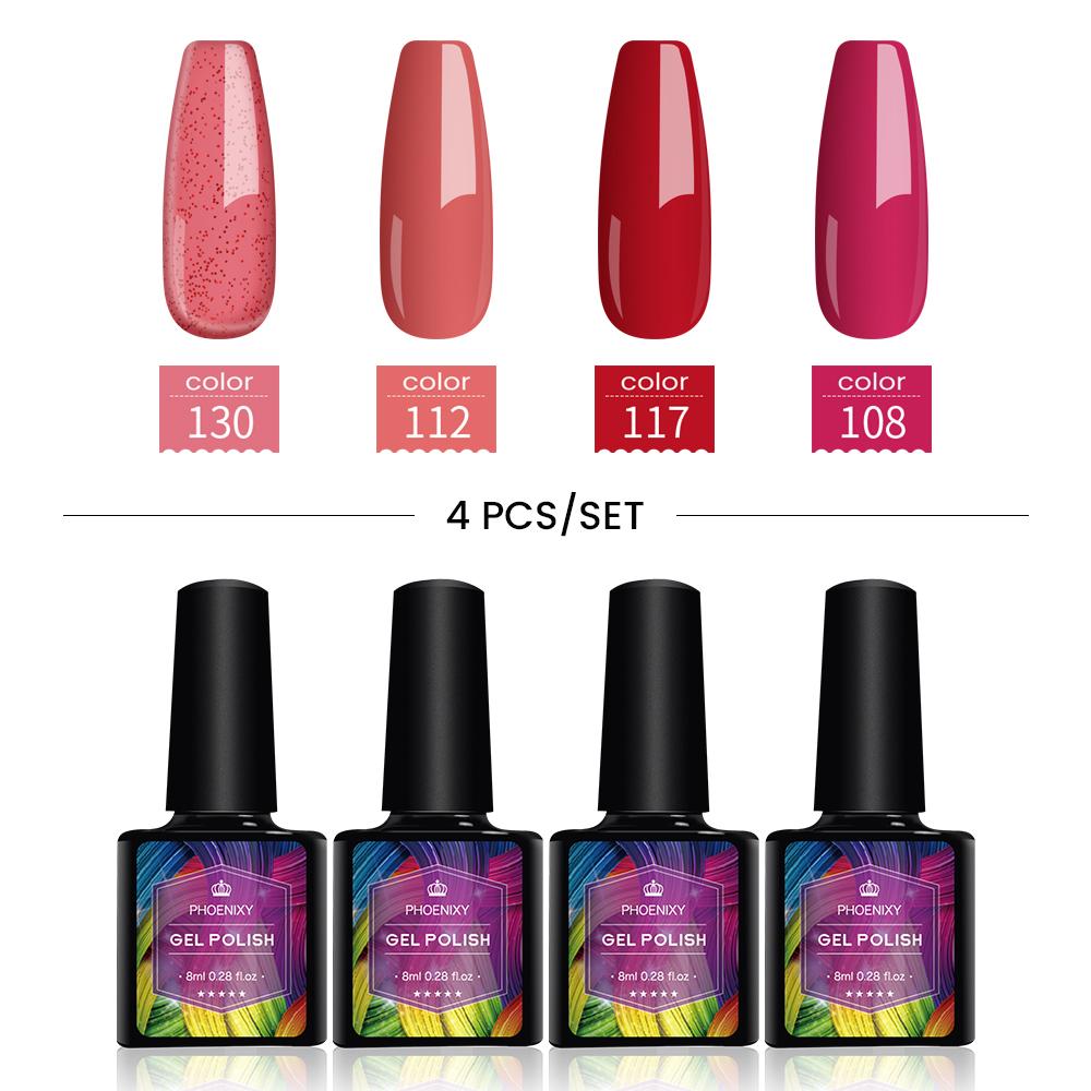 PHOENIXY: великолепные ногти с набором 4-цветного гель-лака — в него входит чистый лак, увлажняющий УФ-гель, светодиодный маникюр, дизайн ногтей и лак с блестками.