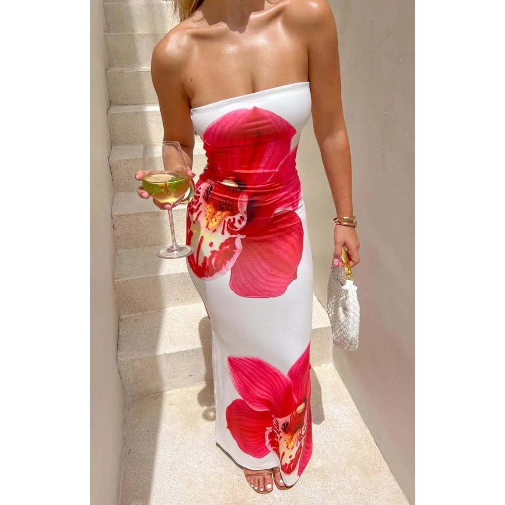 Облегающее платье с тонким цветочным принтом, открытыми плечами, без рукавов, с открытой спиной, элегантное платье, женское платье-бодикон, длинное платье-бандо для вечеринки, клуба