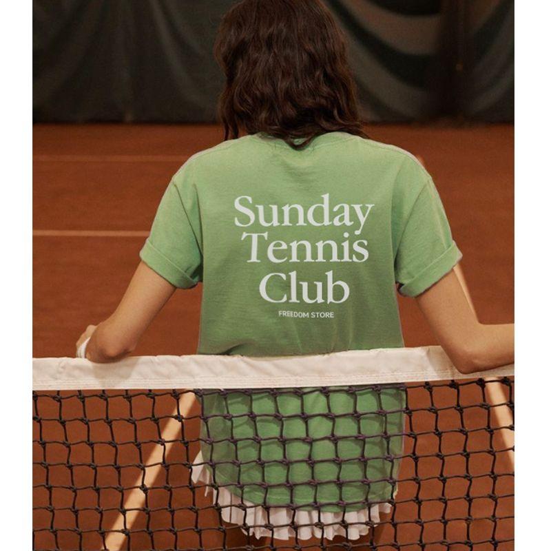 Sundays Tennis Club American Vintage Sports Style Light Green Tennis Pure Cotton Short Sleeve T-shirt Women