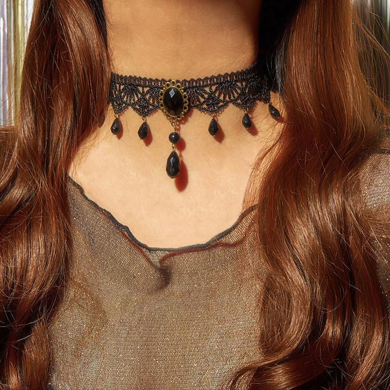 Gothic Black Lace Necklace For Women Girl Boho  Pearl Sexy Lace Choker Punk Dark Lolita Style Halloween Jewelry
