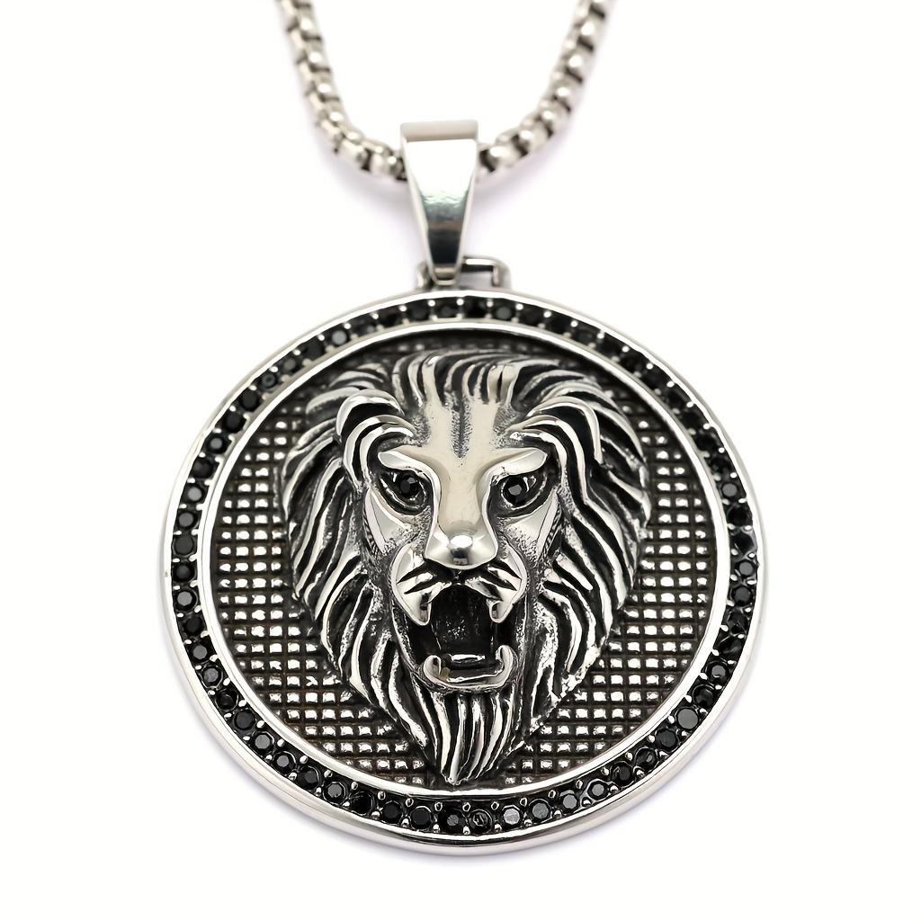 1 Vintage Lion Head Pendant - A sturdy and durable 304 stainless steel necklace set with rhinestones and featuring a lion's face design.
