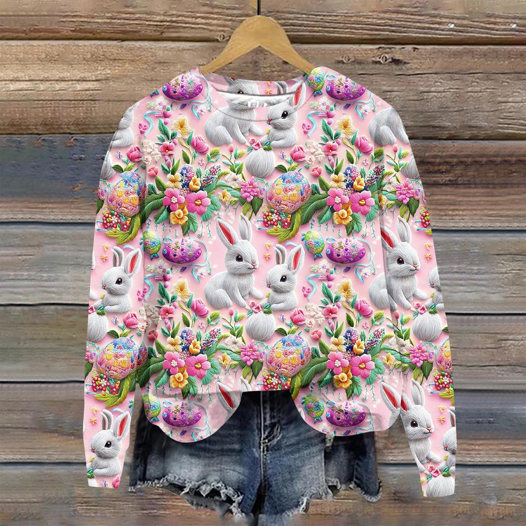 Женская мода Пасха Печатный Длинный рукав Свободный круглый вырез Толстовка Топ