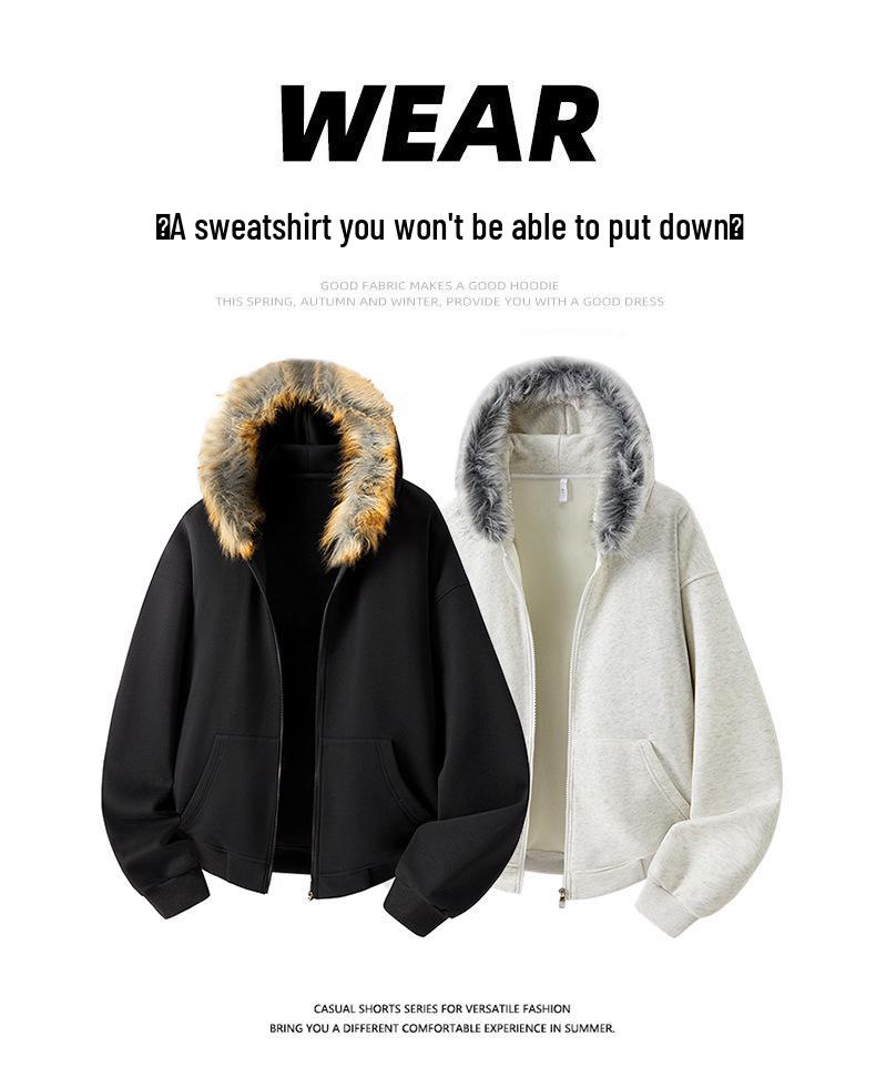 Retro Loose Fit Hoodie with Fur Collar - Unisex Fleece Outerwear for Autumn and Winter