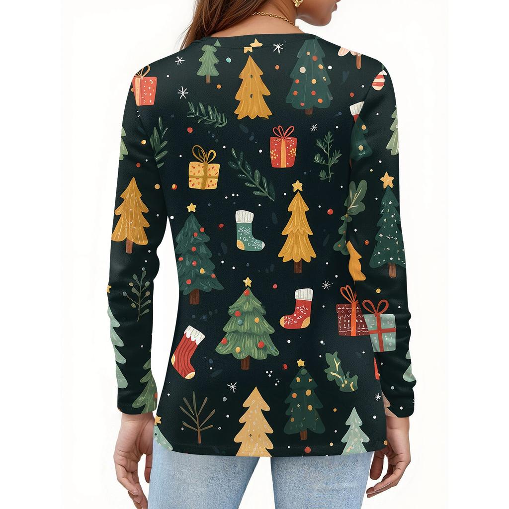 Женская футболка с рождественским принтом на пуговицах с длинным рукавом, повседневная, выходного дня, модная, базовая, с V-образным вырезом, обычная