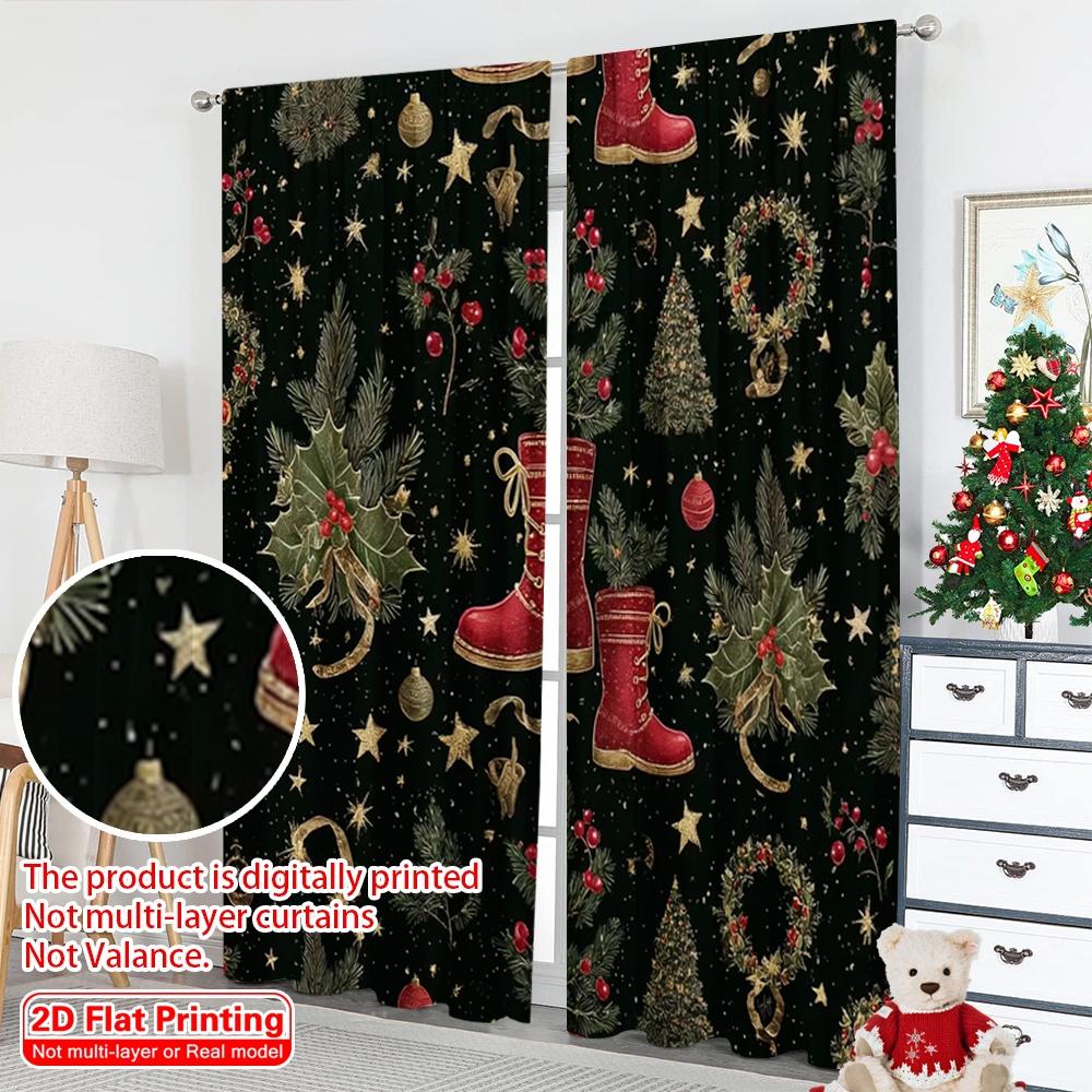 Set Of 2 Flat Printing Merry Christmas Party Curtains Santa Boots Ball Tree Retro Green Red Digital Printed Polyester Drapes Curtain