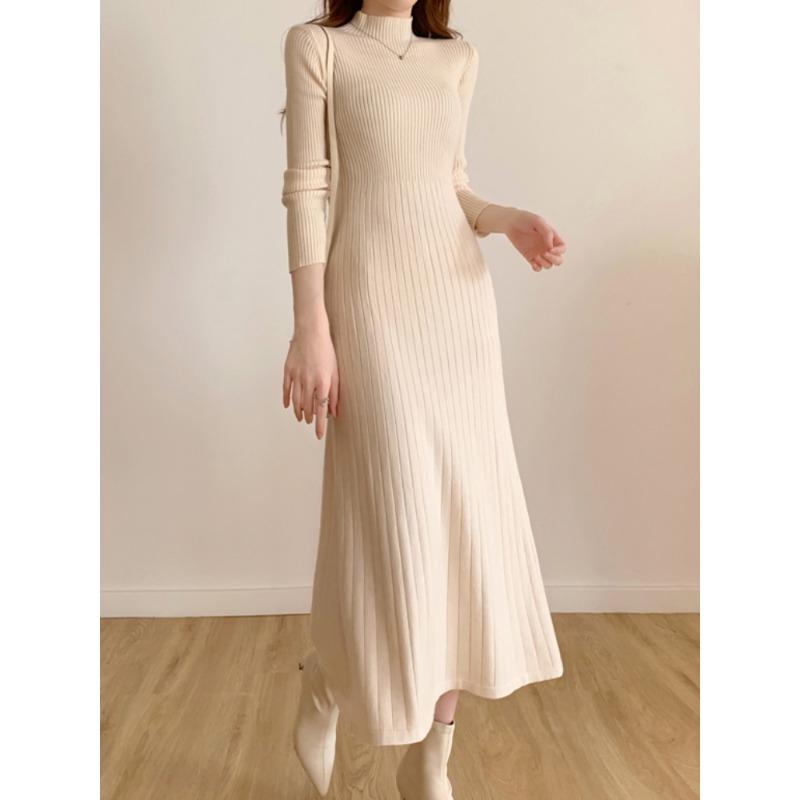Осень-зима 2023, тонкое вечернее платье миди с длинными рукавами для женщин, вязаное элегантное вязаное платье-свитер с полувысоким воротником, женские платья