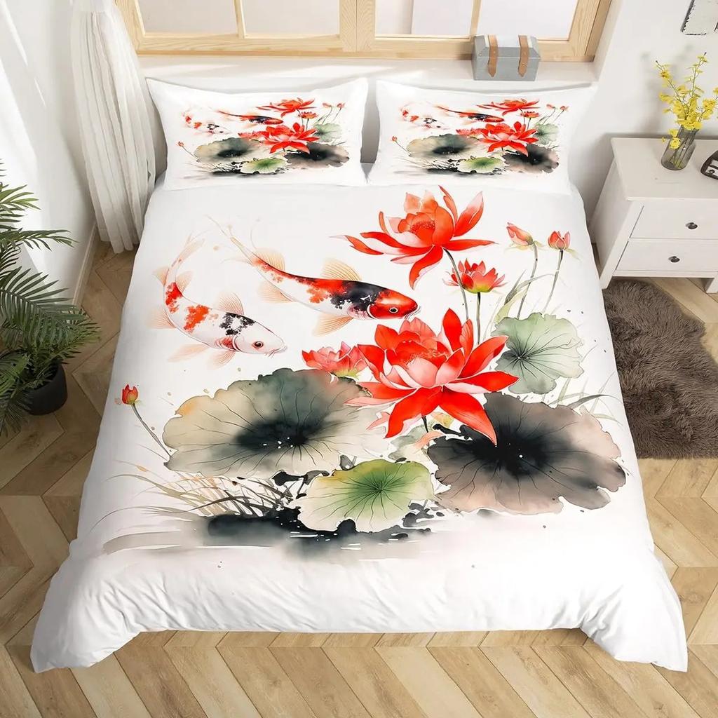 Koi Fish Bedding Set Asian Oriental Floral Print Duvet Cover Set with Pillowcases for Adults Bedroom Decor Twin Full Queen King