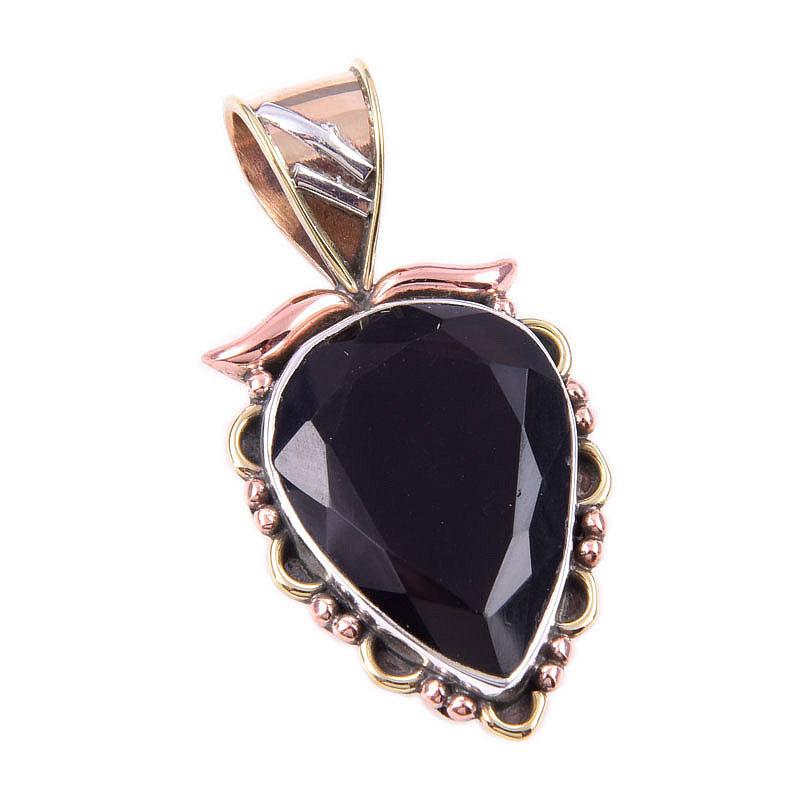 Natural Black Onyx Gemstone 925 Solid Sterling Silver TwoTone Pendant 1.50" F1O61