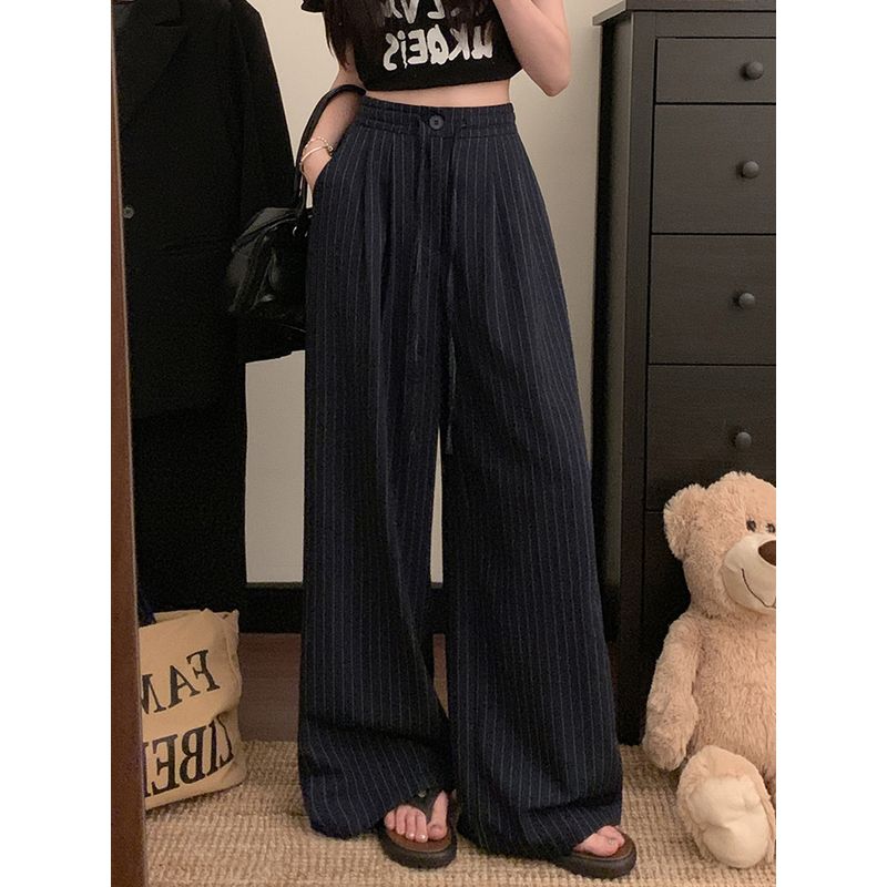 Kumikumi Stylish Drawstring Suit Pants Casual Pants Women Fall Striped Wide-Leg Pants Draping Mopping Pants Pants