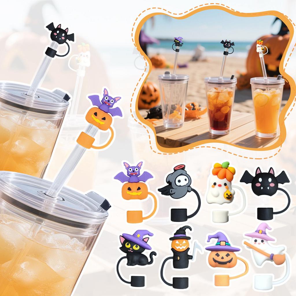 Halloween Straw Covers Reusable Drinking Straw Cover Cap Pumpkin Ghosts Design 10mm Straw Toppers Halloween Decorations Straws Protector