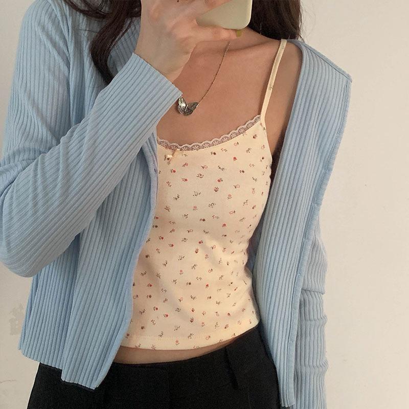 Casual Knitted Women Sexy Lace Tank Top Floral Printed Cotton Vest Sexy Spaghetti Strap Up Slim Cute Crop Tops Camis M-2XL