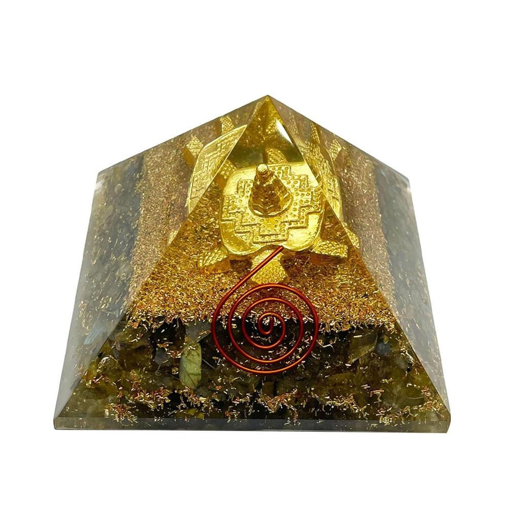 Resin Medium Size Multicolor Set of 1 Labradorite Shree Yantra On Turtle Orgone Pyramid for Reiki Healing, Vastu Correction, Meditation