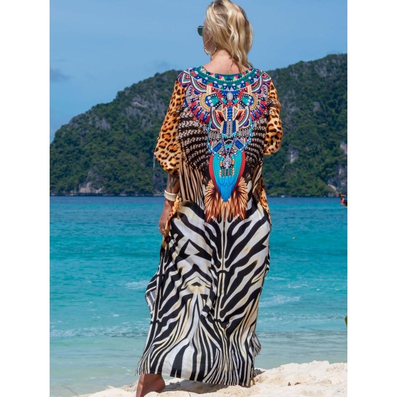 Женская мода лето весна леопардовый принт рукава 1/2 V-образный вырез свободная талия повседневные платья