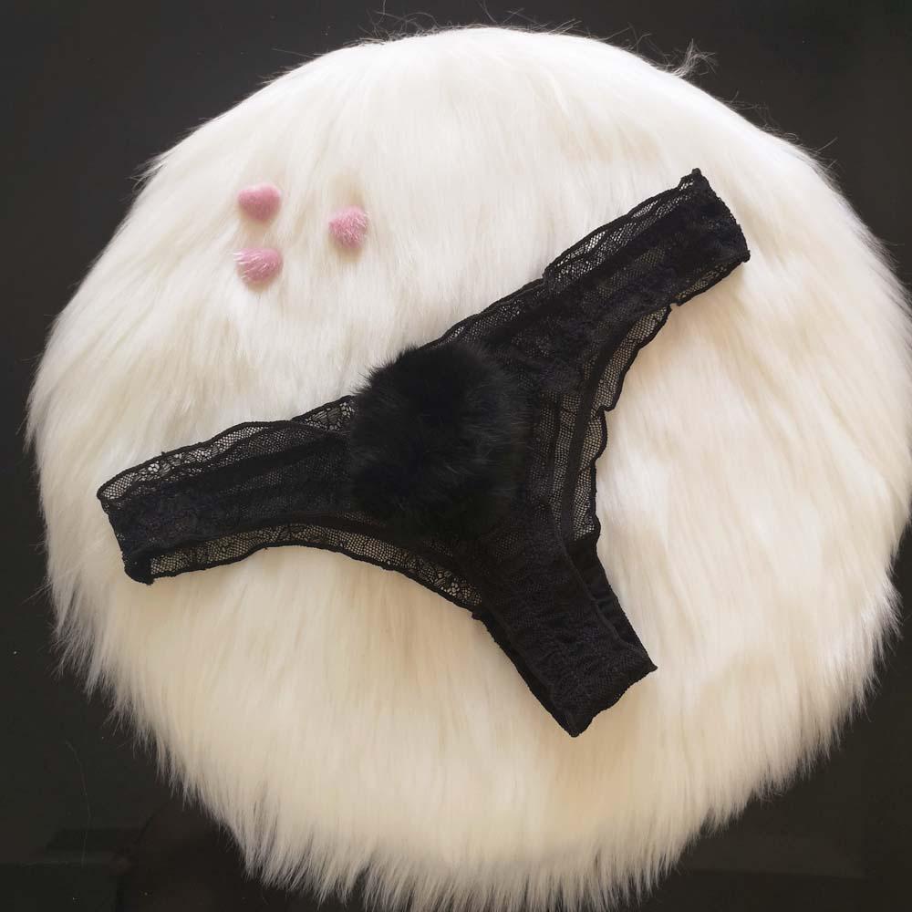 Transparent Plush Ball Low Waist Rabbit Tail Thong Panties Lace G-string