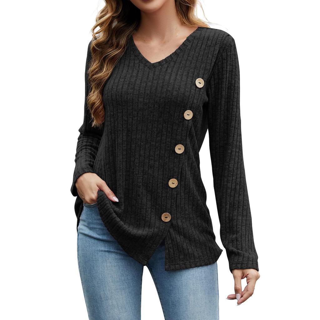Women's Solid Color Fashion Long Sleeve Strip False Button Loose Top