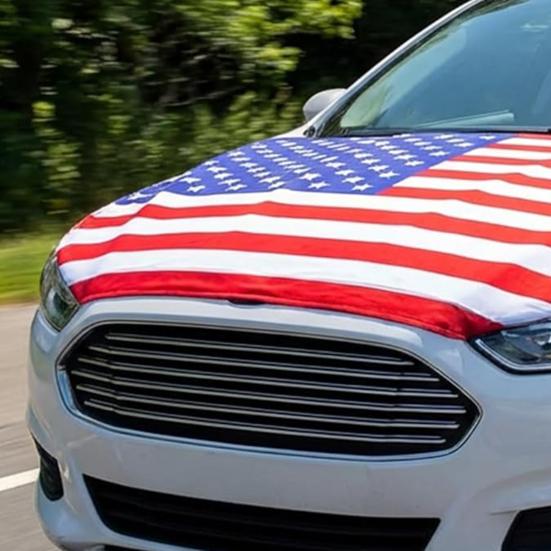American Flag Car Hood Cover 63 X 47 Inch Stretchable Polyester Spandex Fabric Fits Most Cars Trucks SUVs with Small Decorative Flags Secure Clips