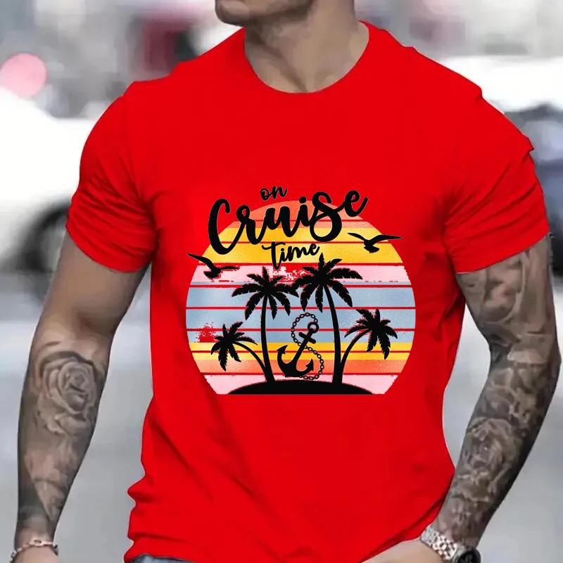 On Cruise Time Print T-shirt for Men Cruise Shirt with Trees Summer Cruising Tshirts Family Vacation Tees Friends Travel Tops