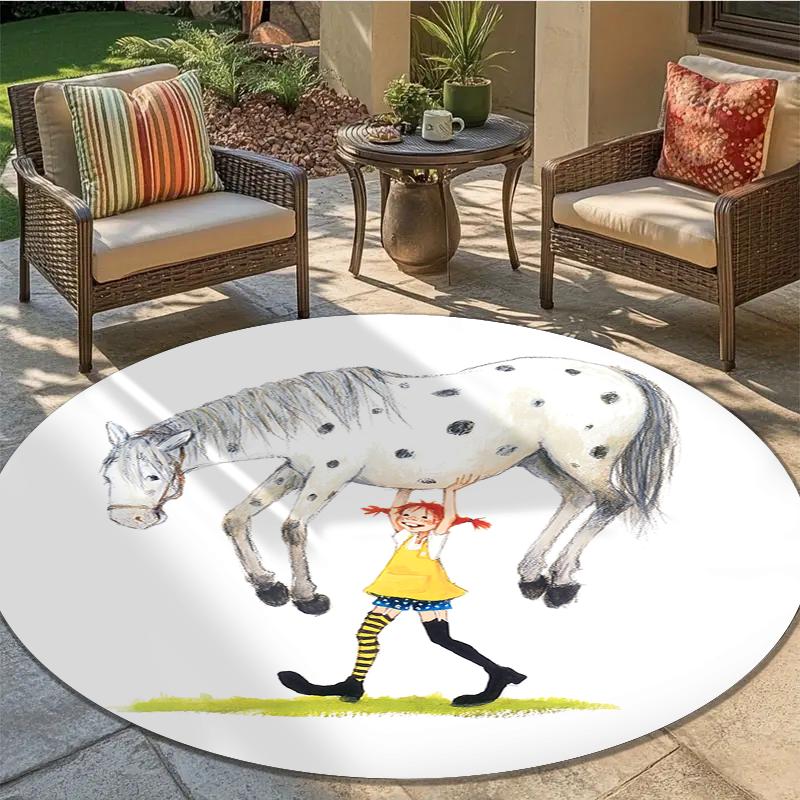 Круглый ковер с изображением мультфильма Пеппи Длинныйчулок, Ковер для гостиной, спальни, дивана, игровой комнаты, Нескользящий коврик Q0030