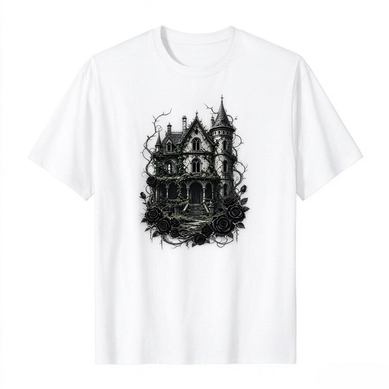 Unisex Unisex Dark Gothic Castle And Black Rose Tshirt Vintage Haunted House Graphic Short Sleeve Tops Gift Fashion Unisex Y2k Top
