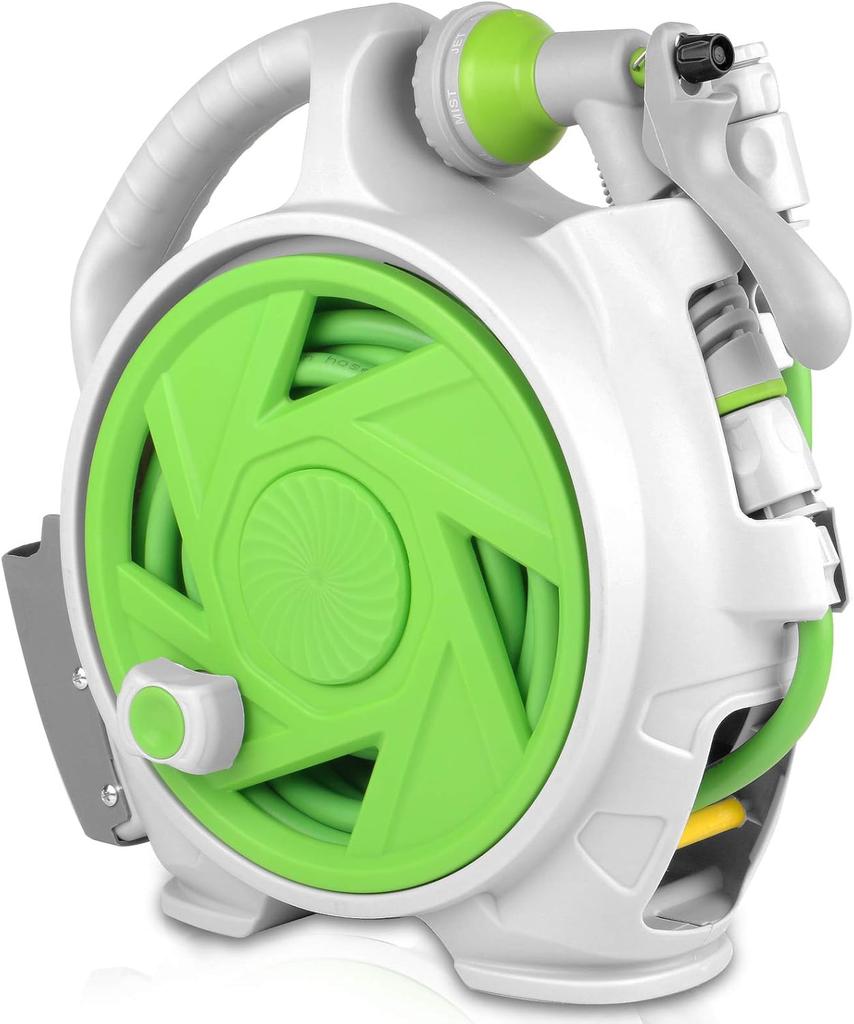 46FT Профессиональная садовая катушка для шланга, 7-режимная насадка, регулируемое настенное крепление, точная фиксация длины, водосберегающая конструкция для очистки газона и грядок