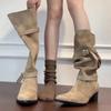 Autumn New Fashionable Retro Pleated Boots Women's Knee Stacking Boots Western Cowboy Boots