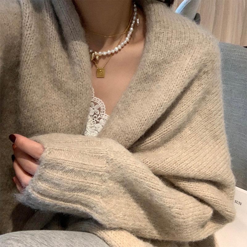 Loose Knitted Cardigan Top Women's Casual Solid Color Sweater Jacket
