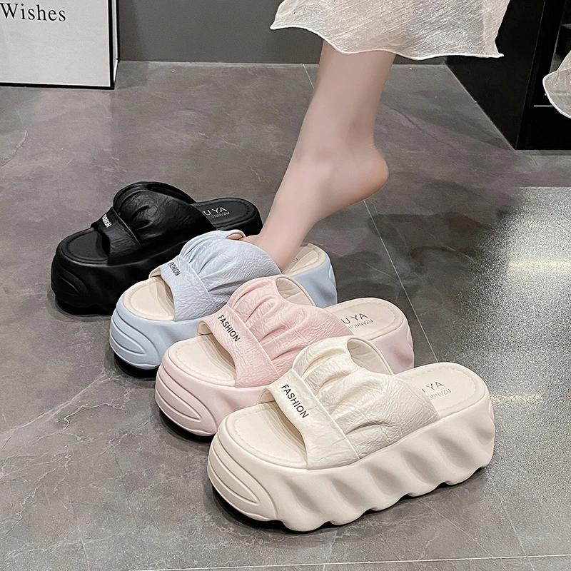 Мода 8,5 см Новые шлепанцы на платформе Женские Летние Уличные На высоком каблуке Кожаные Массивные Сандалии Повседневные С открытым носком Вьетнамки Пляжные Туфли на танкетке