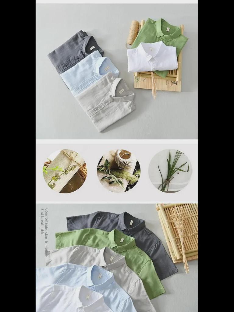 Мужская повседневная рубашка в японском стиле с коротким рукавом из хлопка и льна