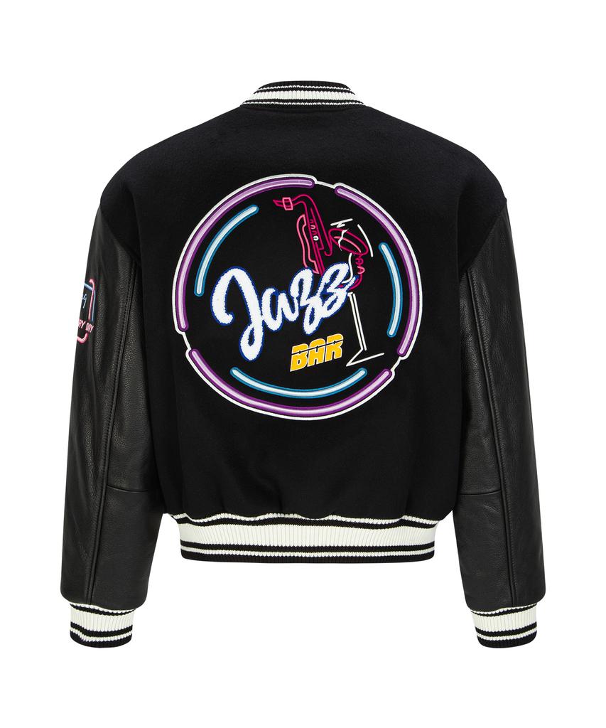 Ungimmick Leather Sleeve Wool Varsity Jacket (Black)