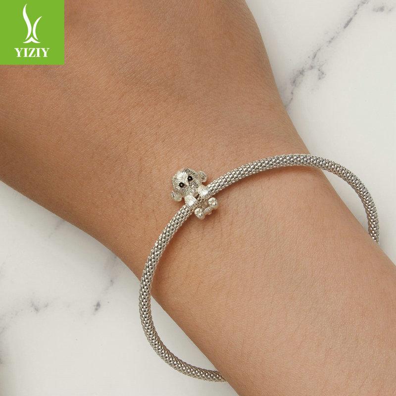 Cute Teddy 925 Sterling Silver Bracelet Beaded, Pet Puppy Dog Textured Bead Accessories