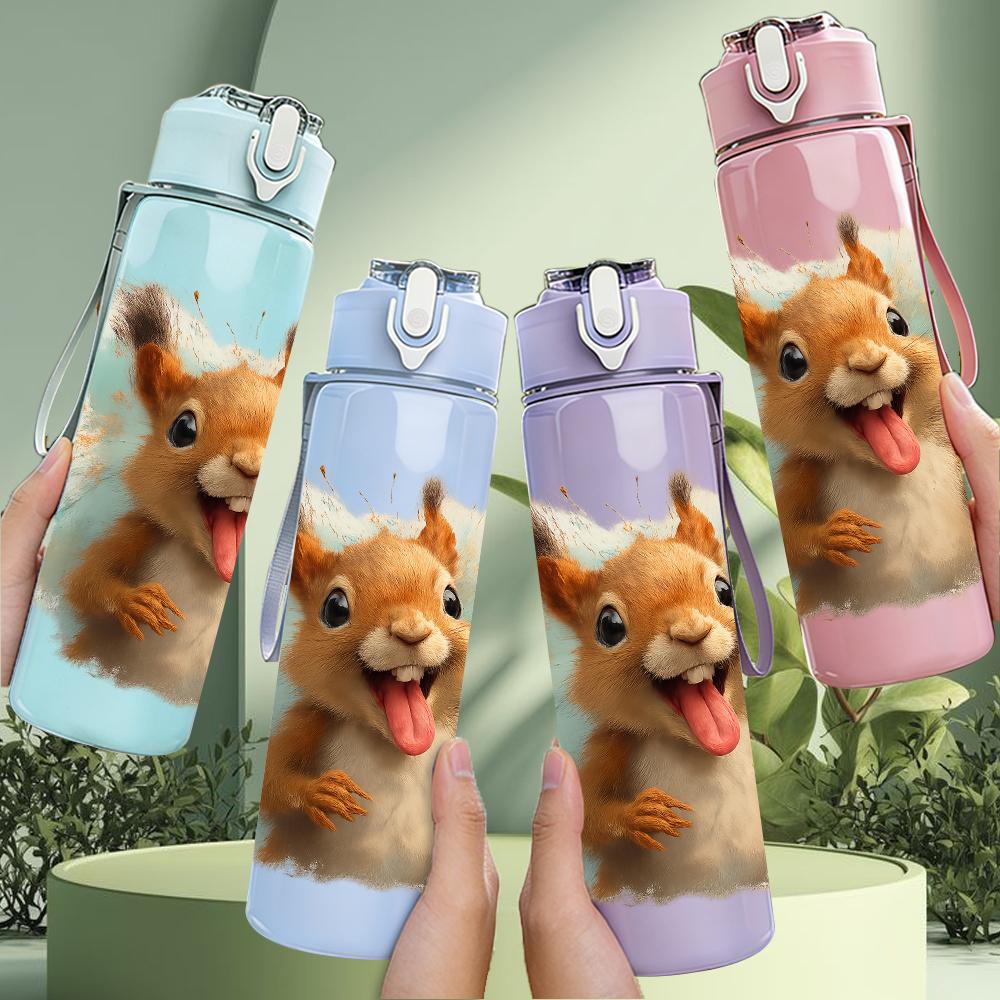 1PC Cheerful Squirrel Cartoon 750ml Color Plastic Sports Water Bottle Leakproof Flip Straw Lid For Sports Office Home Use