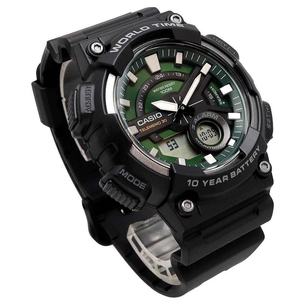Casio World Time Ana-Digi Quartz Watch AEQ-110W-3A2V Men's Green Sunburst Dial Black