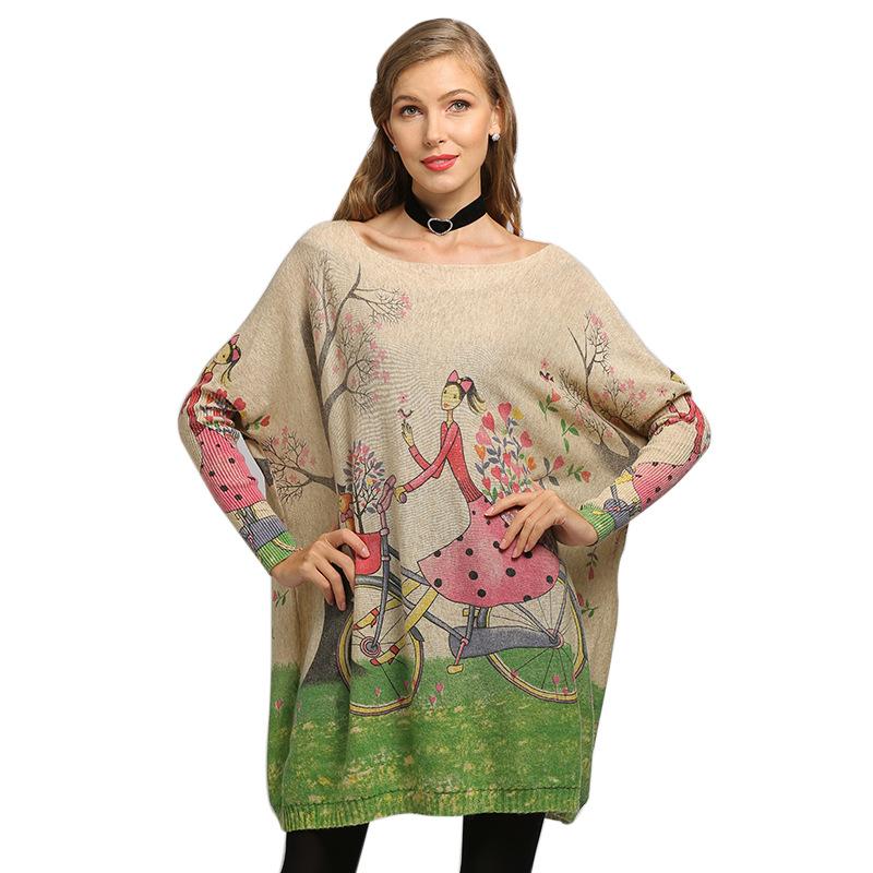 Spring and Autumn Women's Knitted Dress Knitwear Plus Size Loose Knitted Sweater Printed Bottom Outer Wear One Neck Pullover Sweater