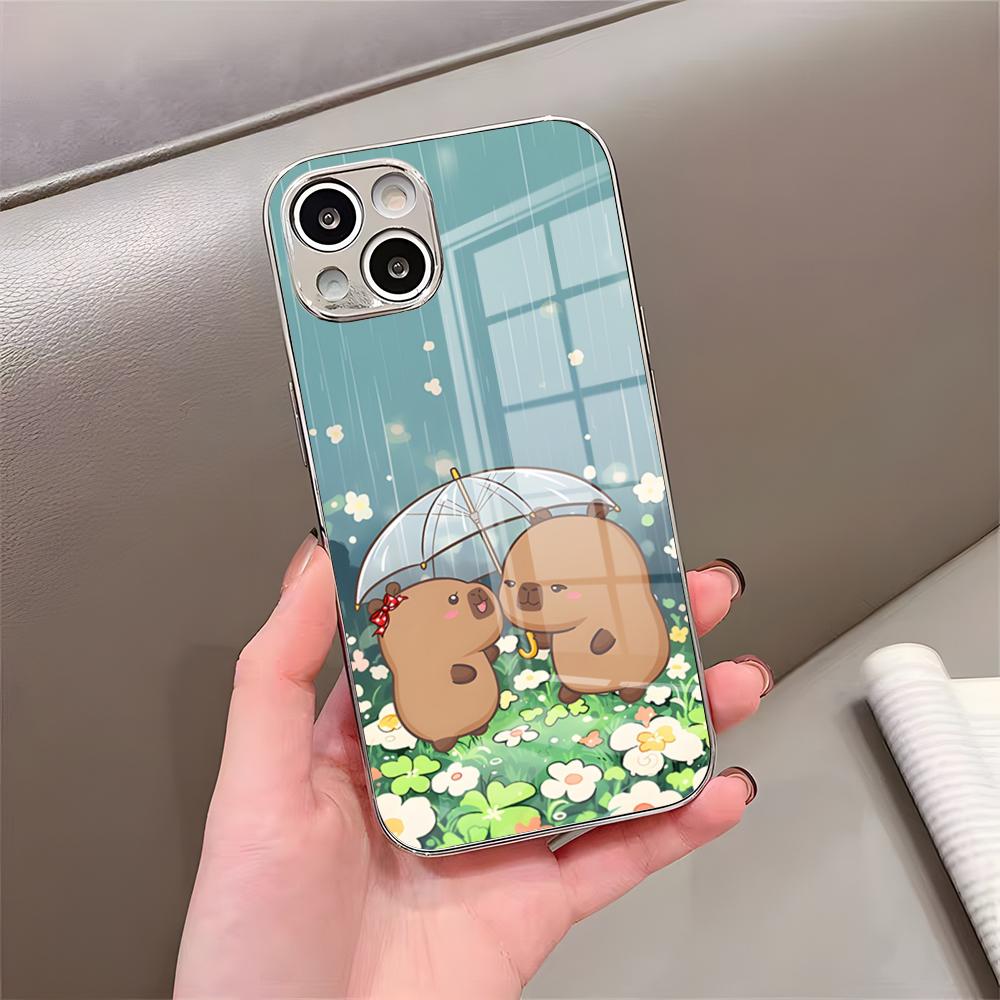 Cute Capybaras Phone Case For IPhone 17 Pro Max 15 Pro 16 14 Plus 12 13 Mini 11 Pro Shockproof Electroplated Glass Cover